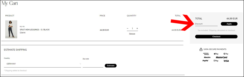 Rabattcode hier eingeben nu-in Discount Code im Warenkorb eintragen