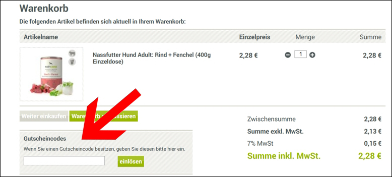 Löse den Code im Warenkorb ein nutricanis Gutschein im Warenkorb einlösen