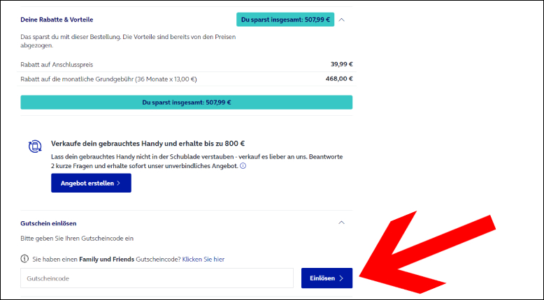 Hier den o2 Code einlösen o2 Gutschein im Bestellverlauf einlösen