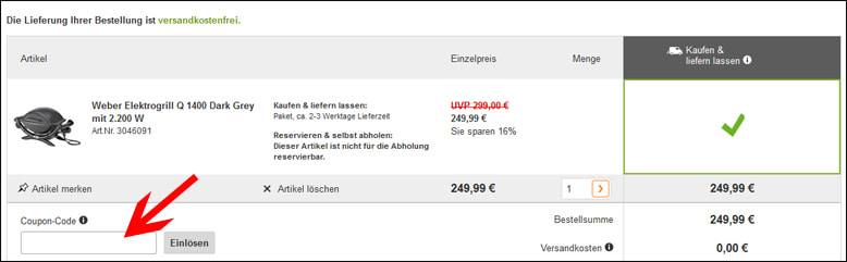 OBI Warenkorb OBI Couponcode im Warenkorb eingeben