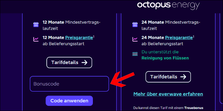 Code unter dem jeweiligen Angebot eingeben Octopus Energy Gutschein direkt beim Tarif einlösen