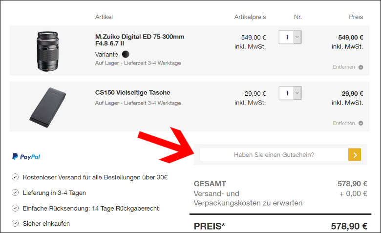 Ein Olympus Gutschein wird im Warenkorb eingelöst Ein Code für eine Olympus Aktion wird im Warenkorb aktiviert