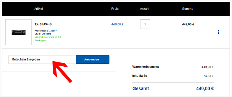 Den Guscheincode an dieser Stelle eingeben Ein Onkyo Gutschein wird im Warenkorb eingelöst