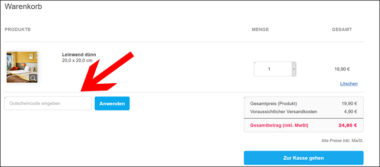 Rabatt im Warenkorb eingeben Optimal Print Gutschein im Warenkorb eingeben