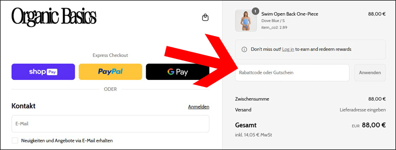 Im Warenkorb den OrganicBasics Code einlösen Den OrganicBasics Code im Warenkorb einlösen