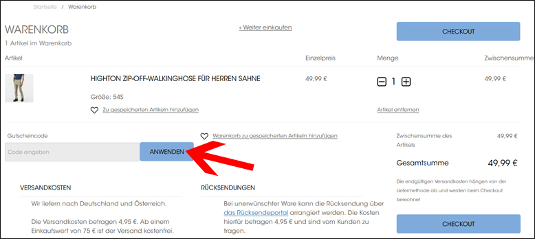 Code hier eingeben Outdoor Sports Outlet Gutschein im Warenkorb eingeben