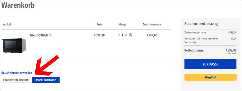 Den Gutschein im Warenkorb einfügen Im Warenkorb kannst du von der Panasonic Aktion profitieren