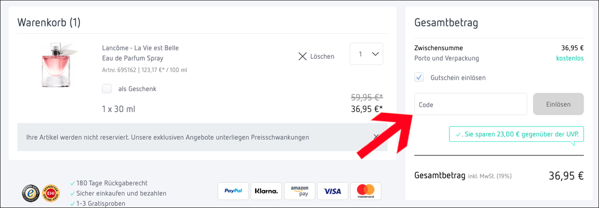 Gutscheincode hier eingeben Parfumdreams Gutschein im Warenkorb einlösen