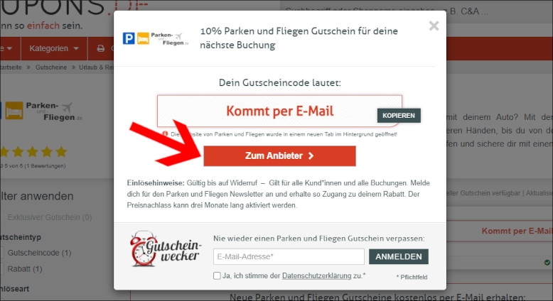 Mit einem Parken und Fliegen Rabatt lässt du dich direkt zur Aktion weiterleiten Mit einem Parken und Fliegen Gutschein zur Aktion weiterleiten lassen