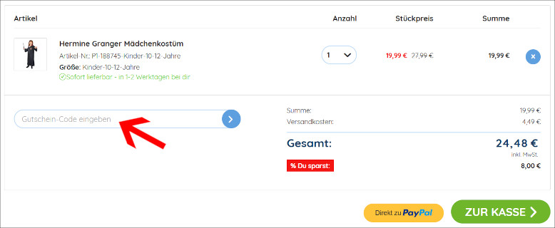 Deinen Party.de Gutscheincode kannst du im Warenkorb einlösen Den Party.de Gutschein im Warenkorb einlösen