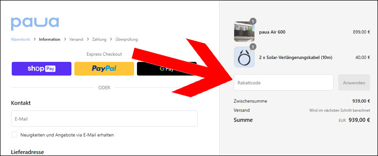 Gutscheincode im Laufe der Bestellung einlösen Den paua Gutschein im Laufe der Bestellung einlösen