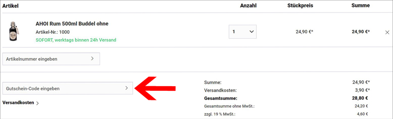 Gutscheincode im Warenkorb eingeben Pauli-Spirit Gutschein einlösen