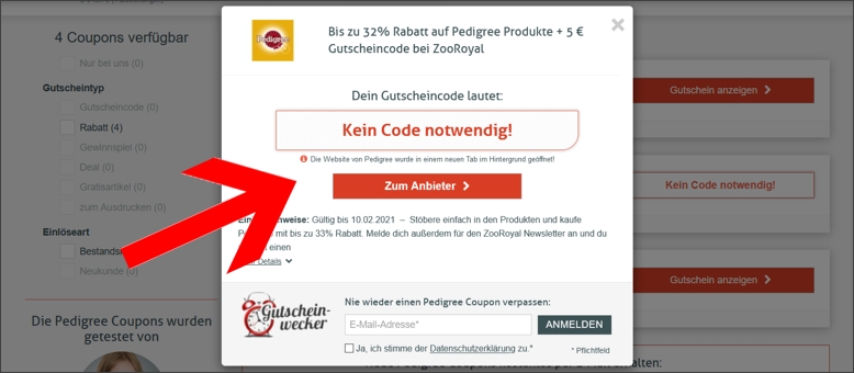 So kommst du zur Aktion Pedigree Gutschein anzeigen lassen und direkt beim Anbieter sparen