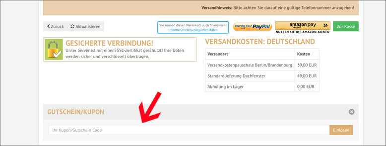 Gutscheincode hier eingeben Perfekt-Bau Gutschein im Warenkorb einlösen