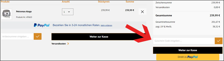 Code im Warenkorb eingeben Petromax Gutschein im Warenkorb einfügen