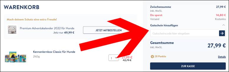 Gutscheincode im Warenkorb einlösen Pets Deli Gutschein im Warenkorb anwenden