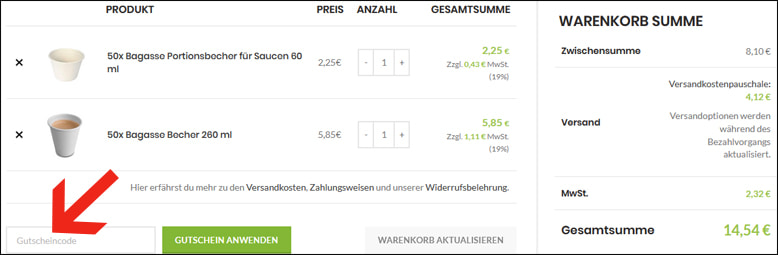 Gib hier deinen Plastikalternative Gutscheincode ein Den Plastikalternative Gutschein im Warenkorb einlösen