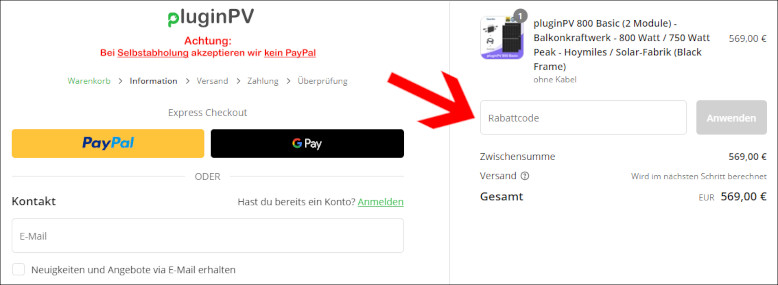 Deinen pluginPV Gutschein löst du an der Kasse ein Den pluginPV Rabattcode an der Kasse eingeben