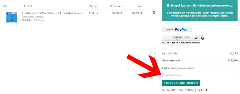 Deinen POOL Total Gutscheincode gibst du einfach im Warenkorb ein Den POOL Total Gutschein im Warenkorb einlösen
