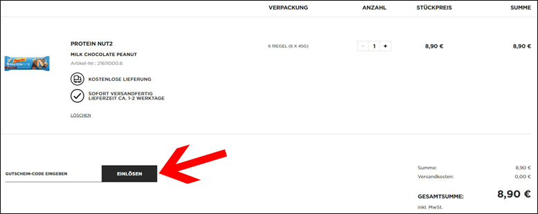 Gutscheincode hier eingeben PowerBar Gutschein im Warenkorb einlösen
