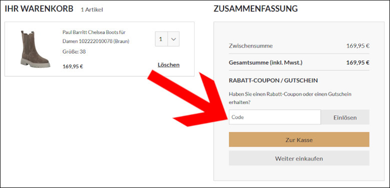 Gutscheincode hier eingeben Prange Code im Warenkorb eingeben