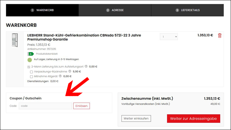 Code im Warenkorb eingeben Den Premiumshop24 Gutschein im Warenkorb nutzen