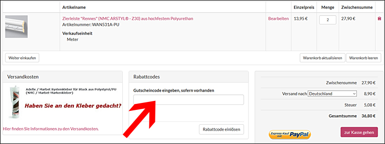 Den Gutscheincode im Warenkorb einlösen Der Profistuck Gutschein wird im Warenkorb eingegeben
