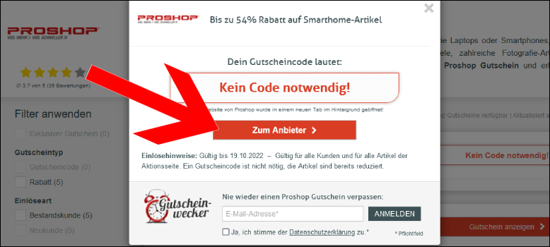 Die Aktion hier einlösen Proshop Gutschein über den Anbieterlink anwenden