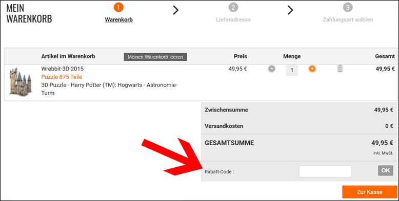 Den Puzzle.de Gutscheincode in das Feld eingeben Einen Puzzle.de Gutschein im Warenkorb einloesen