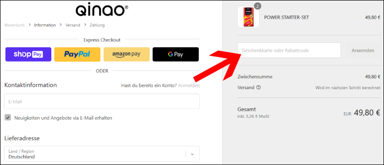 Rabattcode im 1. Bestellschritt anwenden Qinao Gutscheincode im ersten Bestellschritt einlösen