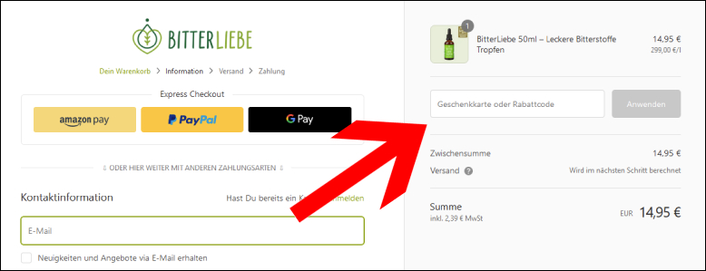 BitterLiebe Gutschein einlösen BitterLiebe Rabatt Code im Warenkorb anwenden