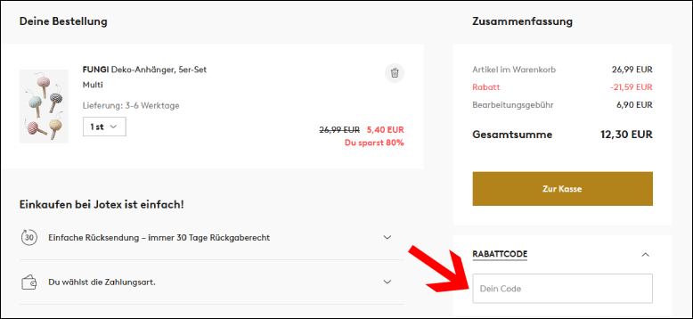 Rabattcode im Warenkorb eingeben Jotex Gutschein im Warenkorb einlösen