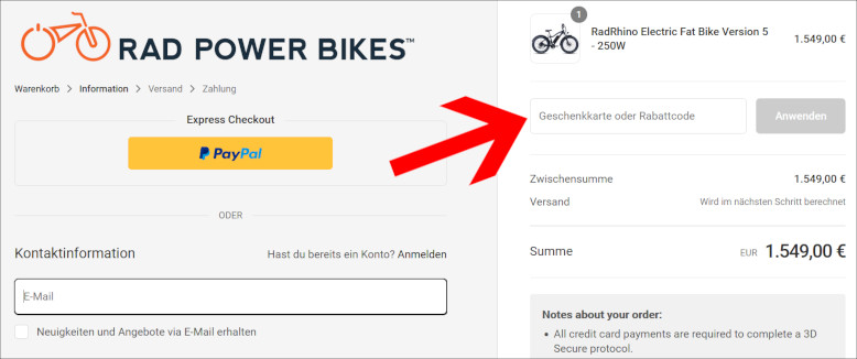 Deinen RadPowerBikes Coupon aktivierst du an der Kasse Den Rad Power Bikes Discount Code an der Kasse eingeben