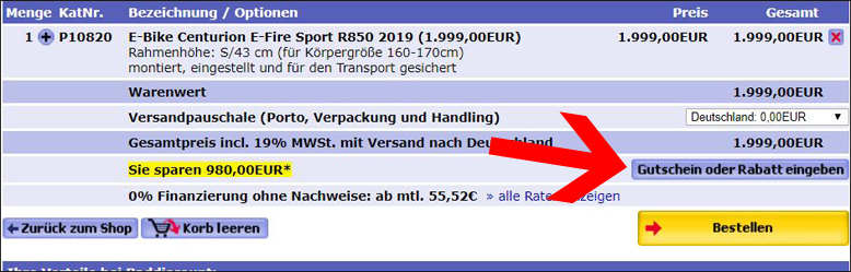 Wende deinen Gutschein hier an Füge deinen Raddiscount Gutschein im erscheinenden Fenster ein