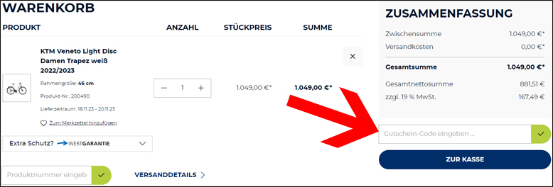 Code im Warenkorb eingeben Radwelt-Shop Gutschein im Warenkorb einfügen