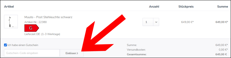 Den Code hier eingeben RAUM-BLICK Gutschein im Warenkorb einlösen