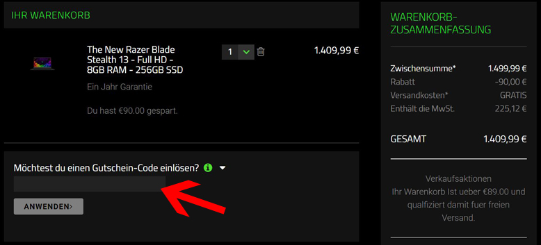 Gib hier deinen Gutscheincode ein deinen Razer Gutschein löst du im Warenkorb ein