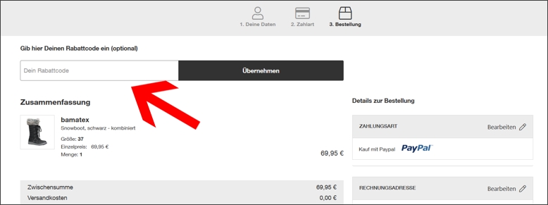 Gib den Rabattcode im letzten Bestellschritt an Den RENO Gutschein im letzten Bestellschritt einlösen