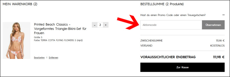 Hier kannst du deinen Aktionscode einlösen Löse deinen Roxy Gutschein im Warenkorb ein