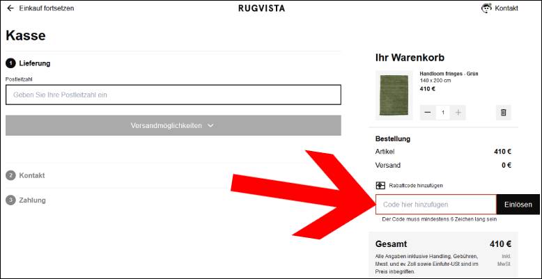 Rabattcode eingeben Rugvista Rabatt Code im Warenkorb eingeben