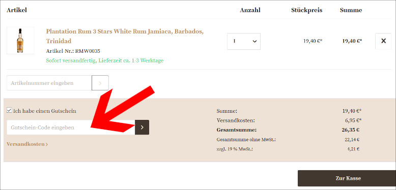 Einen Rum-Depot Gutscheincode kannst du im Warenkorb eingeben Den Rum-Depot Gutschein im Warenkorb einlösen