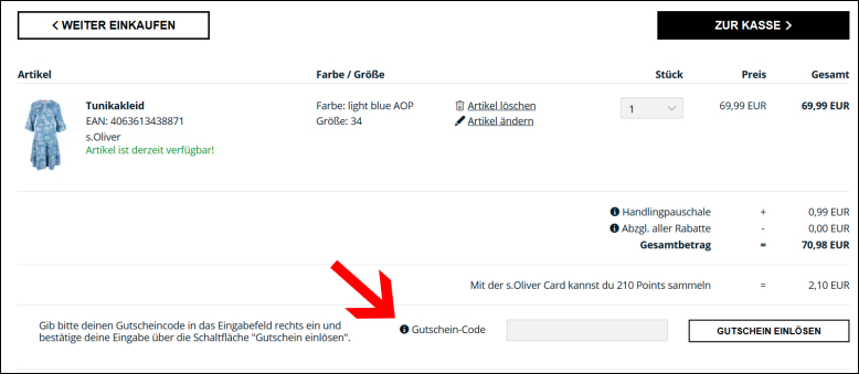 Deinen Rabattcode kannst du hier einlösen Deinen s.Oliver Gutschein kannst du im Warenkorb anwenden
