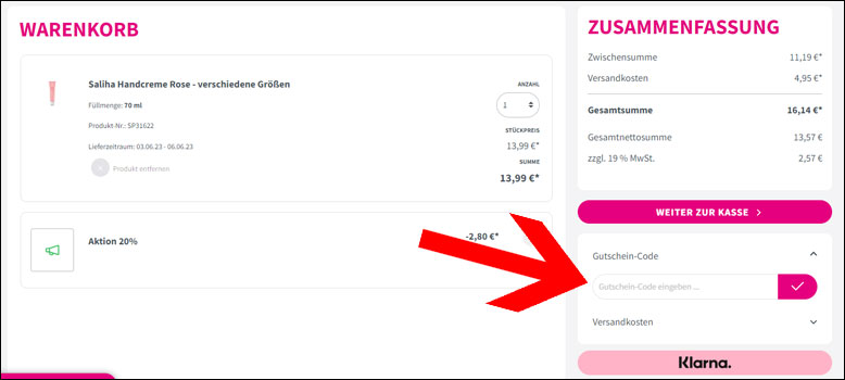 Gutscheincode im Warenkorb eingeben Sallys Gutschein im Warenkorb einlösen