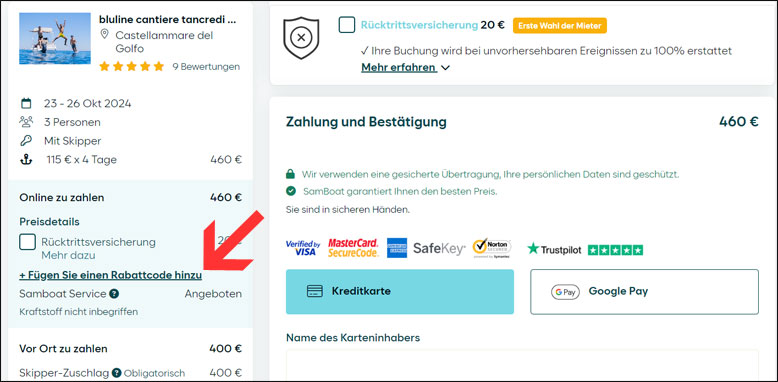 Code im Buchungsprozess eingeben SamBoat Gutschein im Buchungsprozess nutzen
