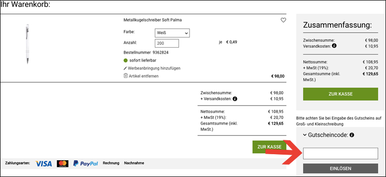 Gutscheincode hier eingeben Schneider Gutschein im Warenkorb einlösen