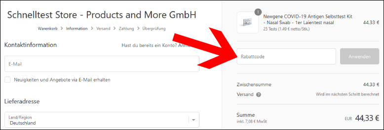 Gutscheincode hier einlösen Schnelltest-Store Rabattcode beim Zahlvorgang eingeben