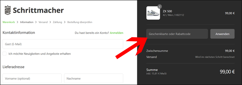 Den Schrittmacher Gutscheincode in das Feld eingeben Einen Schrittmacher Gutschein im Bestellprozess einloesen