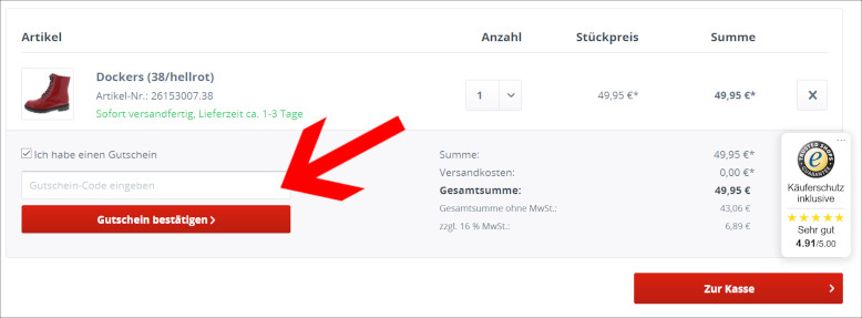 Ein Schuh Germann Gutscheincode wird im Warenkorb eingegeben Einen Schuh Germann Gutschein im Warenkorb einlösen
