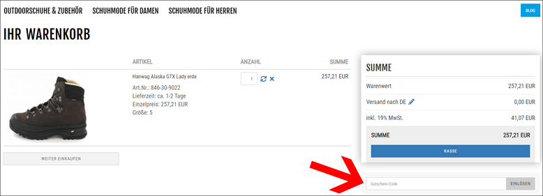 Gutscheincode hier eintragen Schuh-Keller Gutschein im Warenkorb einlösen