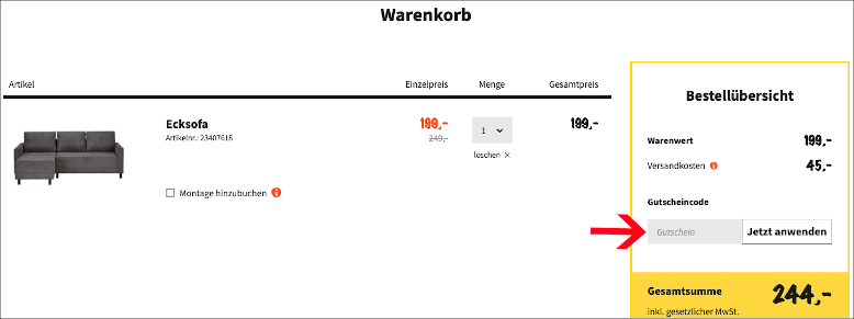 In diesem Feld wird der Rabattcode eingetragen Löse den Sconto Gutschein im Warenkorb ein
